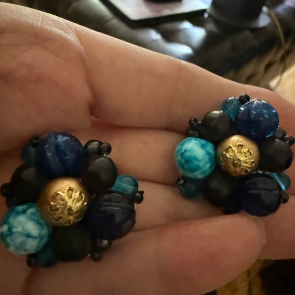 Vintage signed West Germany Blue and Gold clip on Earrings - Picture 2 of 4